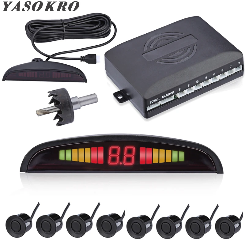 차량용 파크트로닉 LED 주차 센서, 8 개 센서, 역방향 백업, 주차 레이더 모니터, 감지기 시스템, 22mm 백라이트 디스플레이