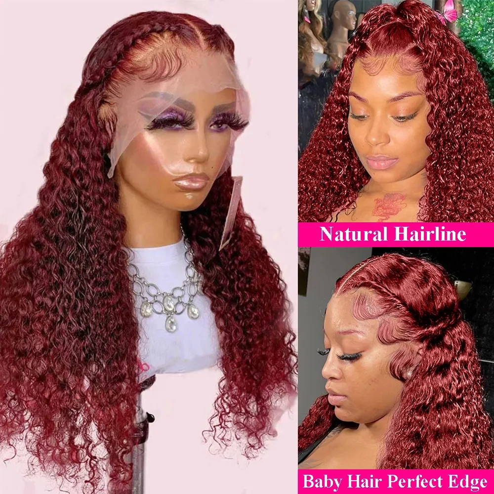 Lace Front Wig 13x4 Deep Curly Lace Frontal Wig 13x6 Transparent 99J Burgundy Curly Lace Front Red Colored HD Deep Wave Human Hair Wigs