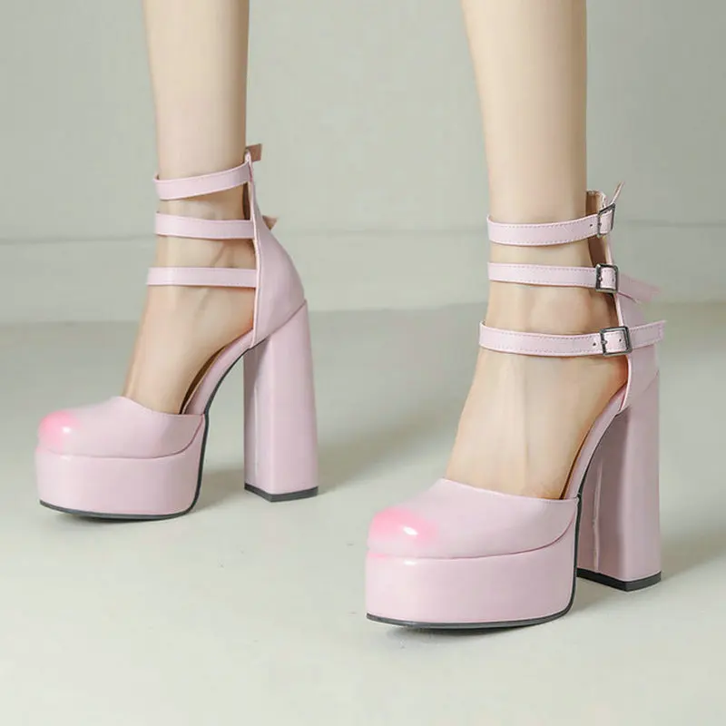 

2024 New Women High Heel Shoes Platform Square High Heel Ladies Pumps PU Leather Round Toe Buckle Party Women Shoes Big Size 45