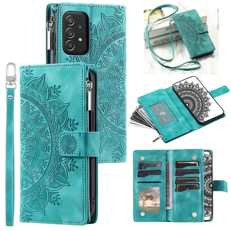 Luxe Zipper Wallet Leather Phone Case with Long Lanyard
