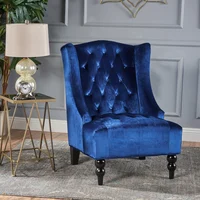 High-Back Velvet Club Chair Upholstered Wingback Chair Navy Blue 1