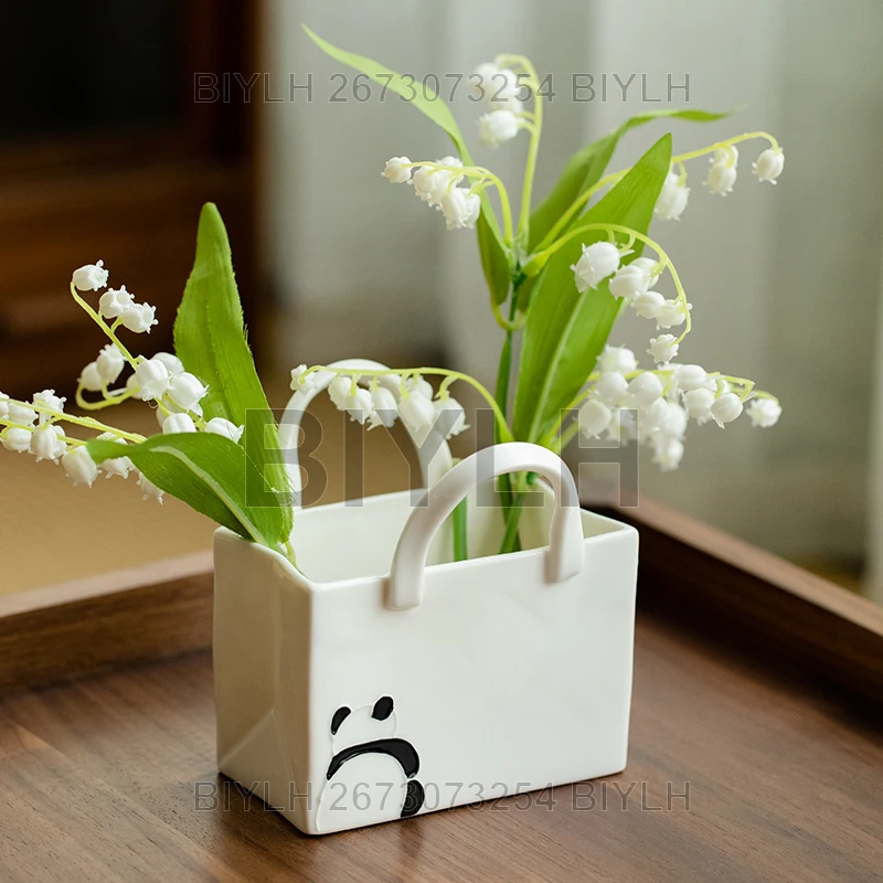 Ceramic Vase with Handle Handbag Vase Panda Pattern Home Decoration Desktop Flower Arrangement Green Plant Ornaments 2