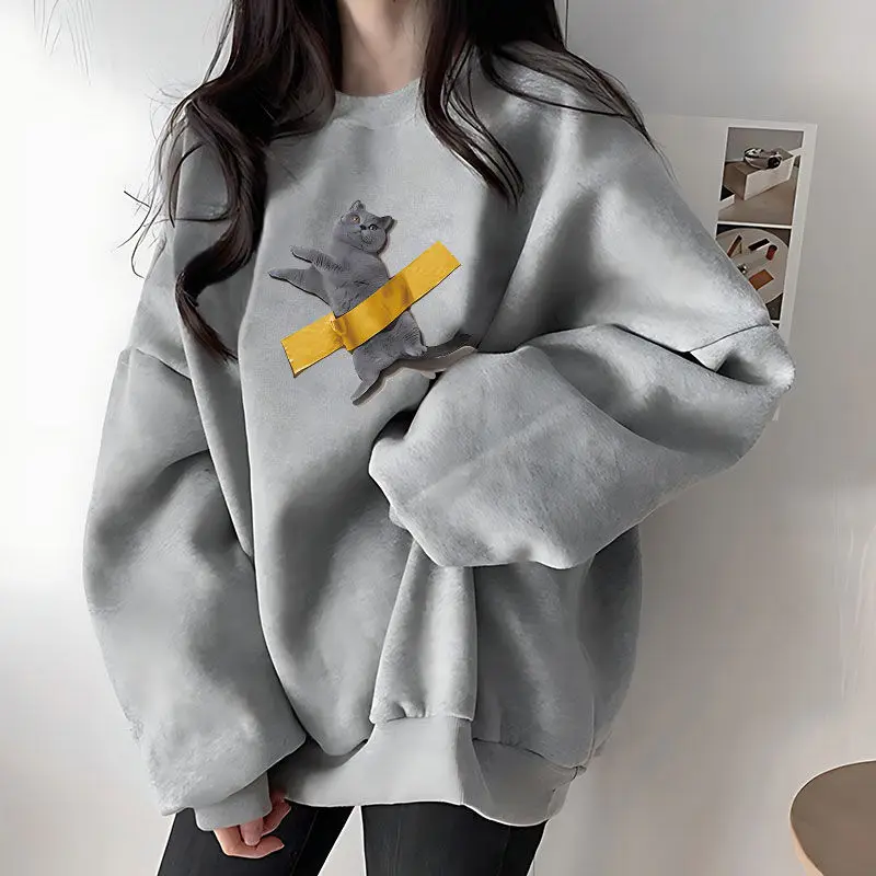 Trendy Cat Print Thick  Round Neck Hoodies Pullover Sweater For Men And Women Lazy Style Loose Oversized Casual Autumn Top amii minimalist lazy sweatshirt for women 2023 autumn new loose hoodies drawstring print casual pants separately 12343149