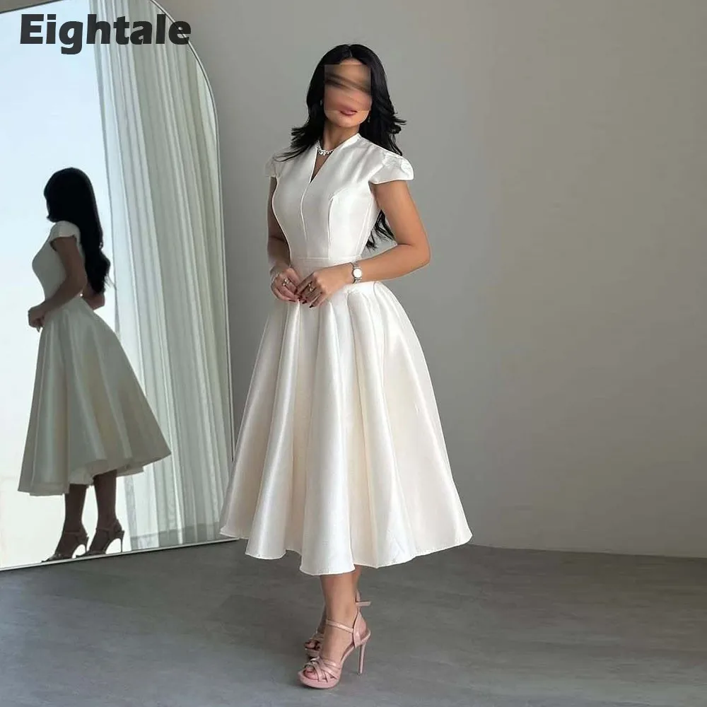 Eightale Arabic Evening dresses for women Customized V-Neck Satin Cap Sleeves A-Line Prom Party Gown Wedding Robes De Soirée
