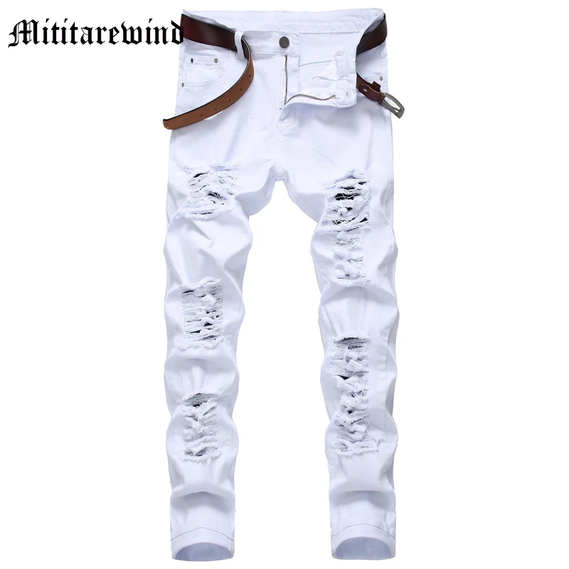 

American Slim Multi Hole Design Jeans For Men Fashion Y2k Streetwear High Street Male Pants Denim Casual Solid Youth Trousers