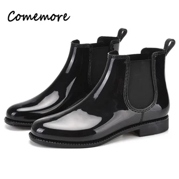 Comemore 여성용 방수 레인 부츠, 라운드 토 탄성 밴드, 로우 힐, 미끄럼 방지 고무 신발, 첼시 앵클 부츠, 41