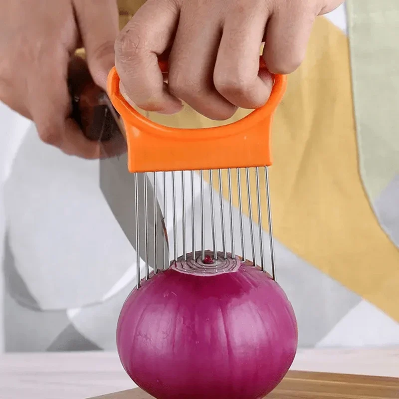 1pc Random Color Stainless Steel Onion Holder Slicer Vegetable Fixed Slicer