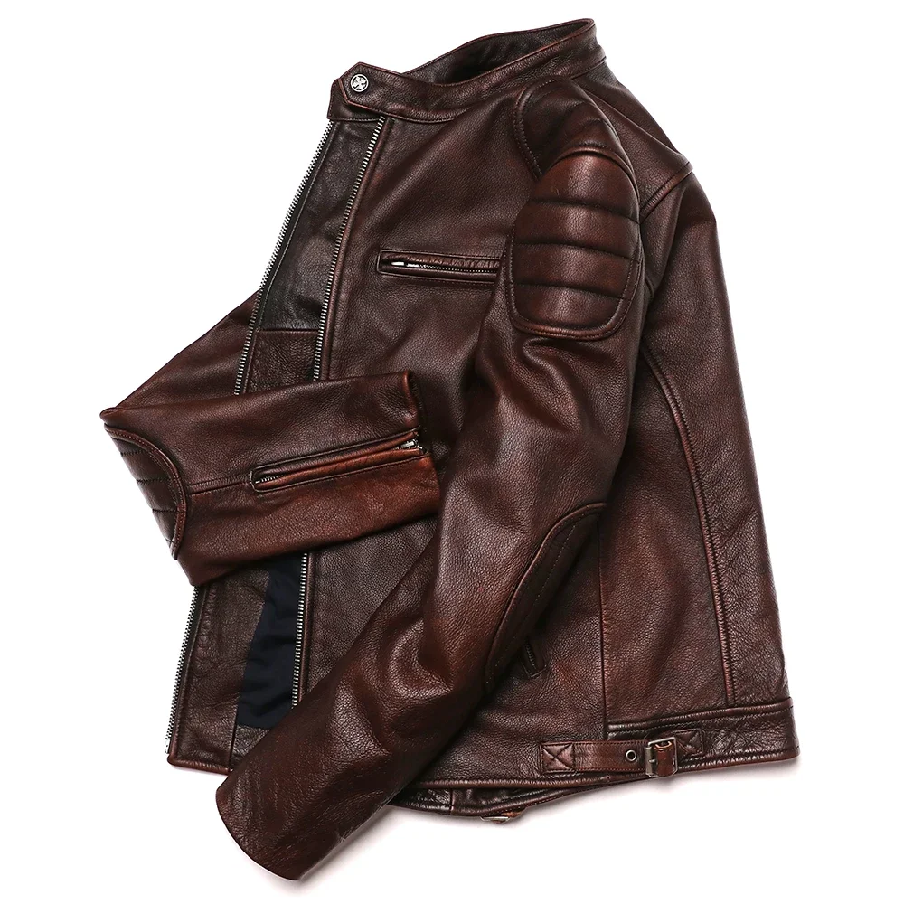 Genuine Leather Motorcycle Jacket - Vintage Brown Cowhide Biker Coat for Men