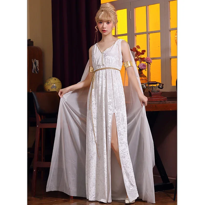 

White Velvet Deep V Split Dress Greek Goddess Cosplay Costume Goddess Elegant Irregular Dress Costumes Party