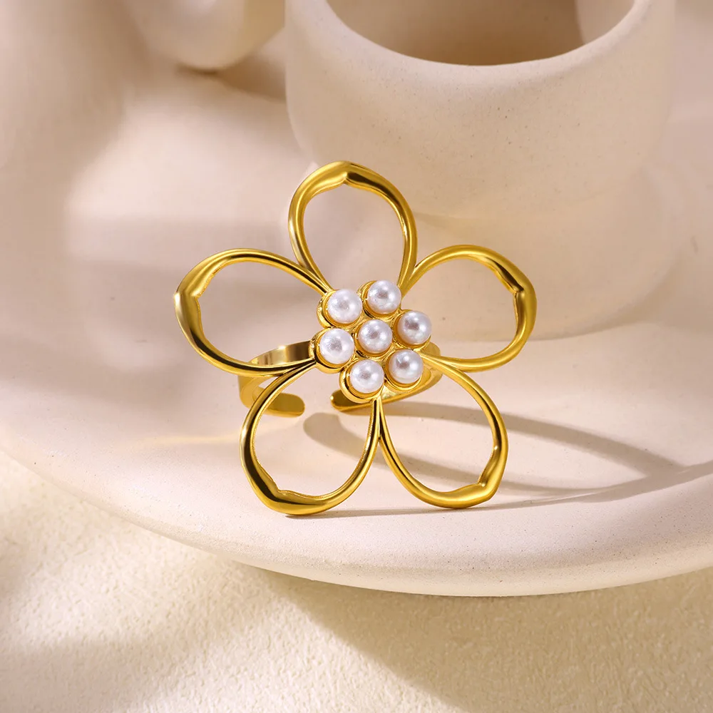 Stainless Steel Big Flower Pearl Rings For Women