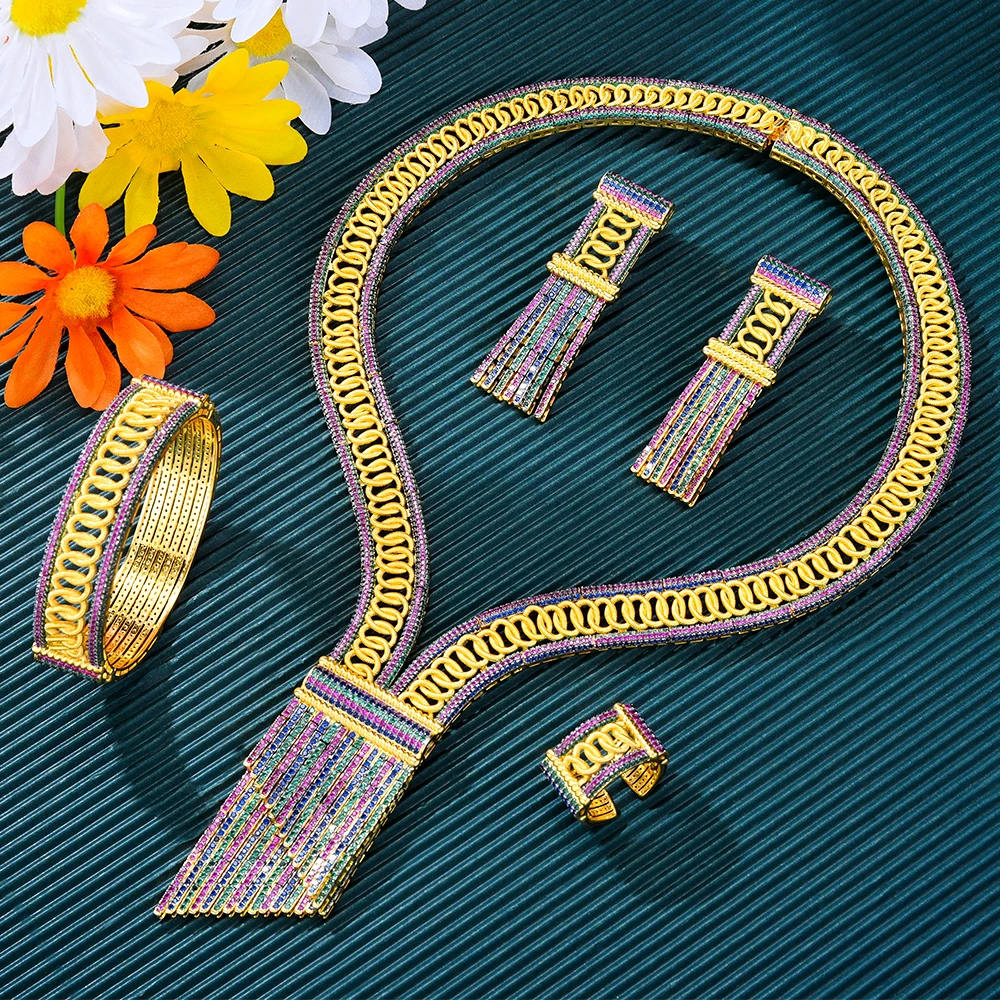 

GODKI Hiphop 4PCS African Crossover Dance Jewelry Sets for women Wedding Cubic Zircon Indian Dubai Bridal Necklace Earring