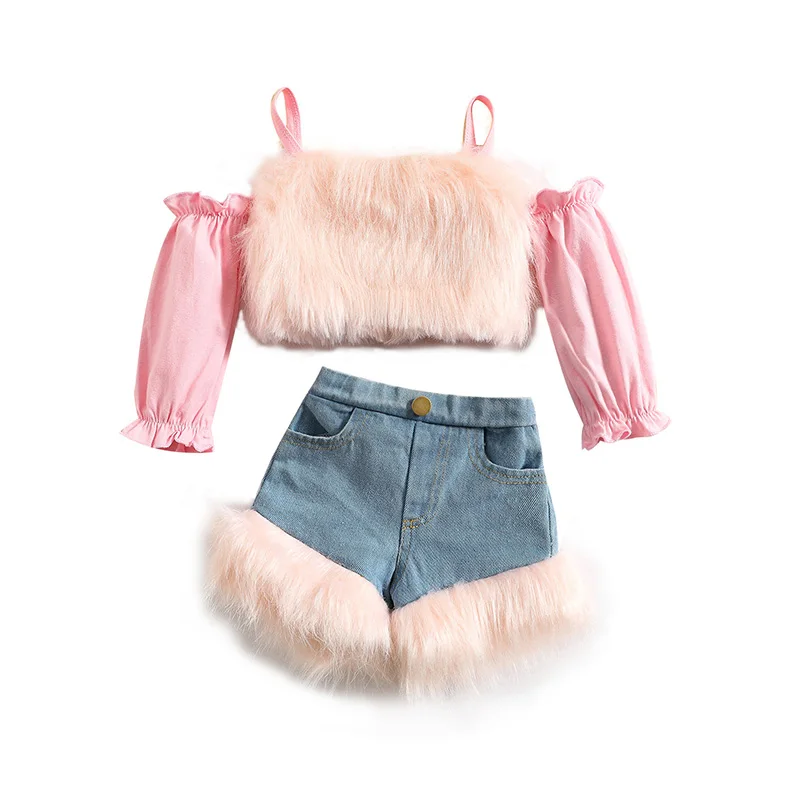 

Toddler Girls Short Sets Plush Stitching Outfits Long Sleeve Cutout Shoulder Spaghetti Strap Crop Tops Side Pockets Denim Shorts