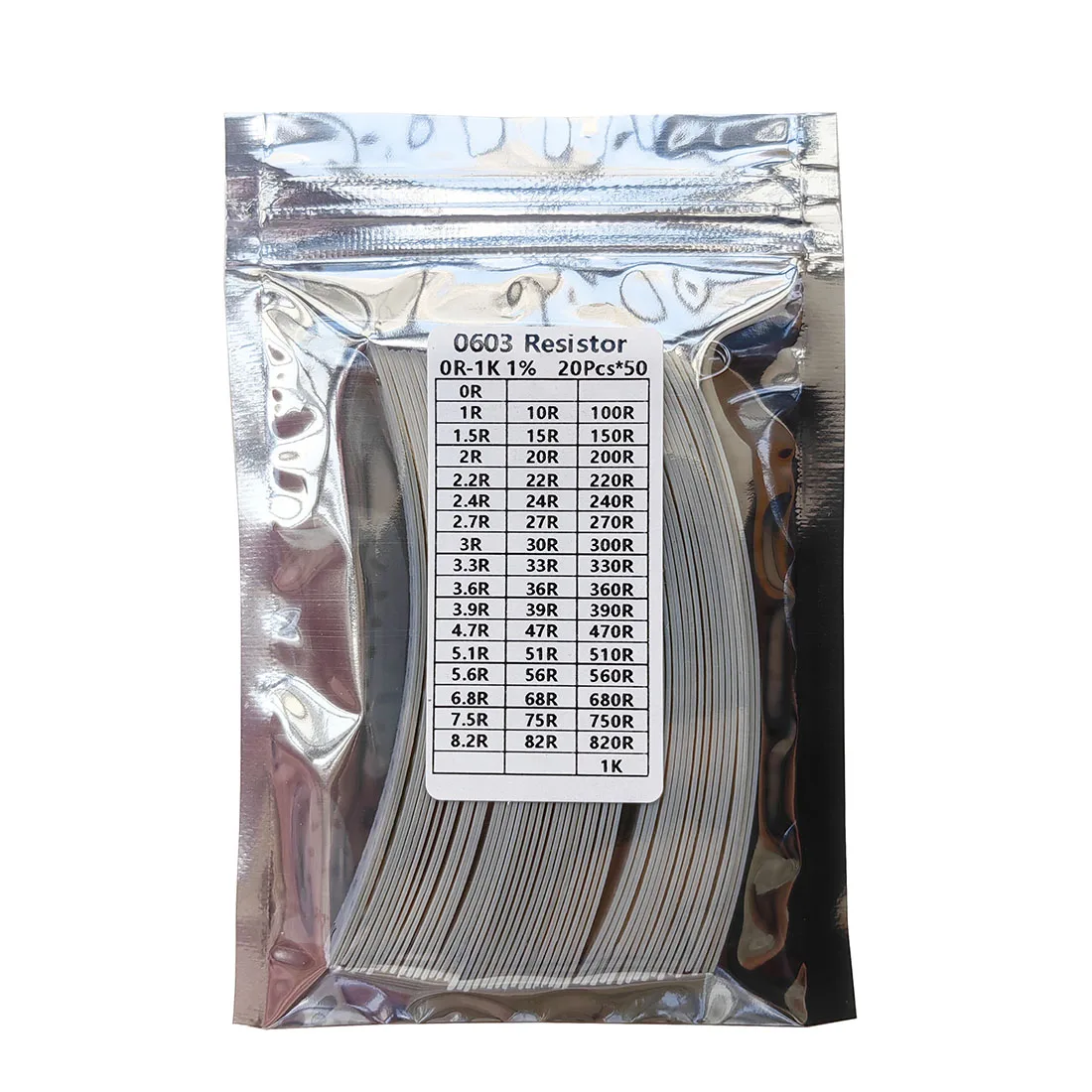 Resistor kit 0201 0402 0603 0805 1206 smd 50values*20PCS=1000PCS 1% Sample 1ohm 47ohm 1kohm 10kohm