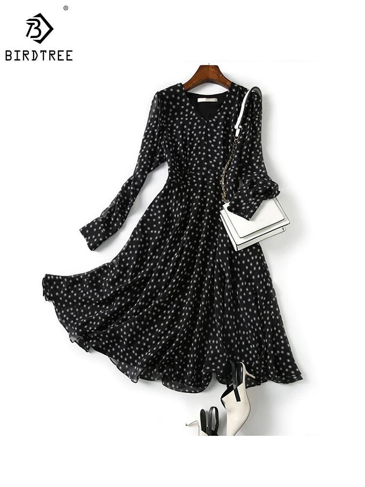 

Birdtree 100%Silk Dress Summer V-neck Long Sleeve Mid Length Dress Temperament Women's Black and White Polka Dot Dress D38435FD