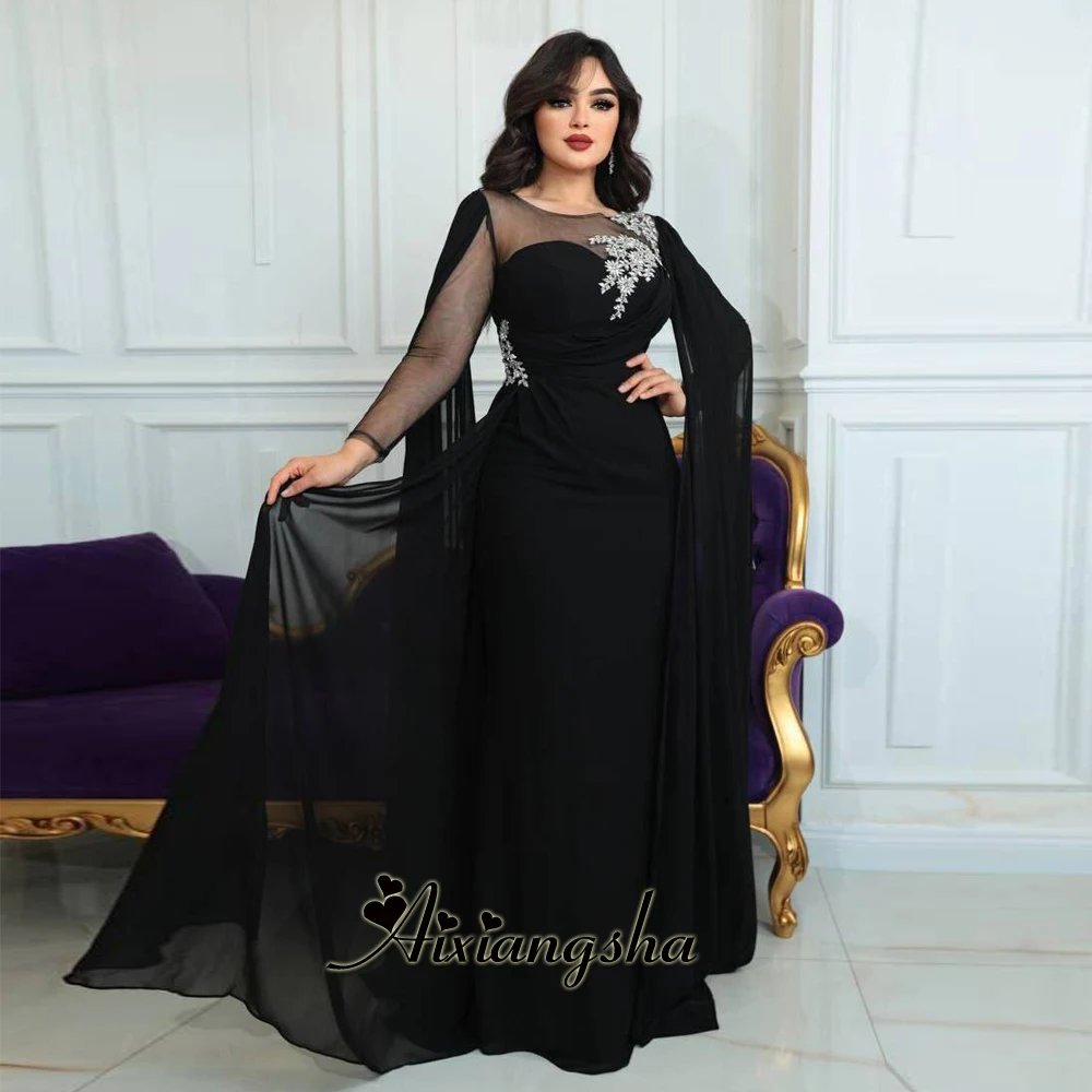 

Aixiangsha Charming Prom Dresses for Women Jewl Neck Trumpet Crystals Full Sleeves Cape Sweep Train Robes De Soiree Custom Made