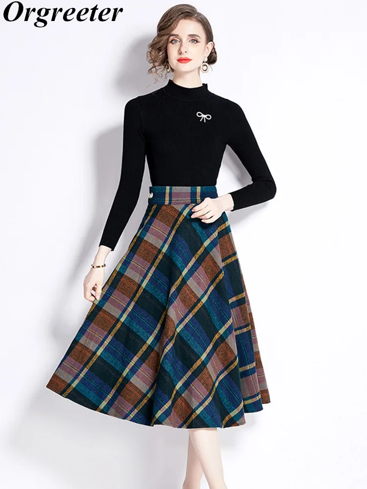 

Fall Winter Women's Clothing Vintage Plaid Tweed Skirt Suits Female New In Knitted Tops Matching Sets Woolen 2 Piece Sets Women