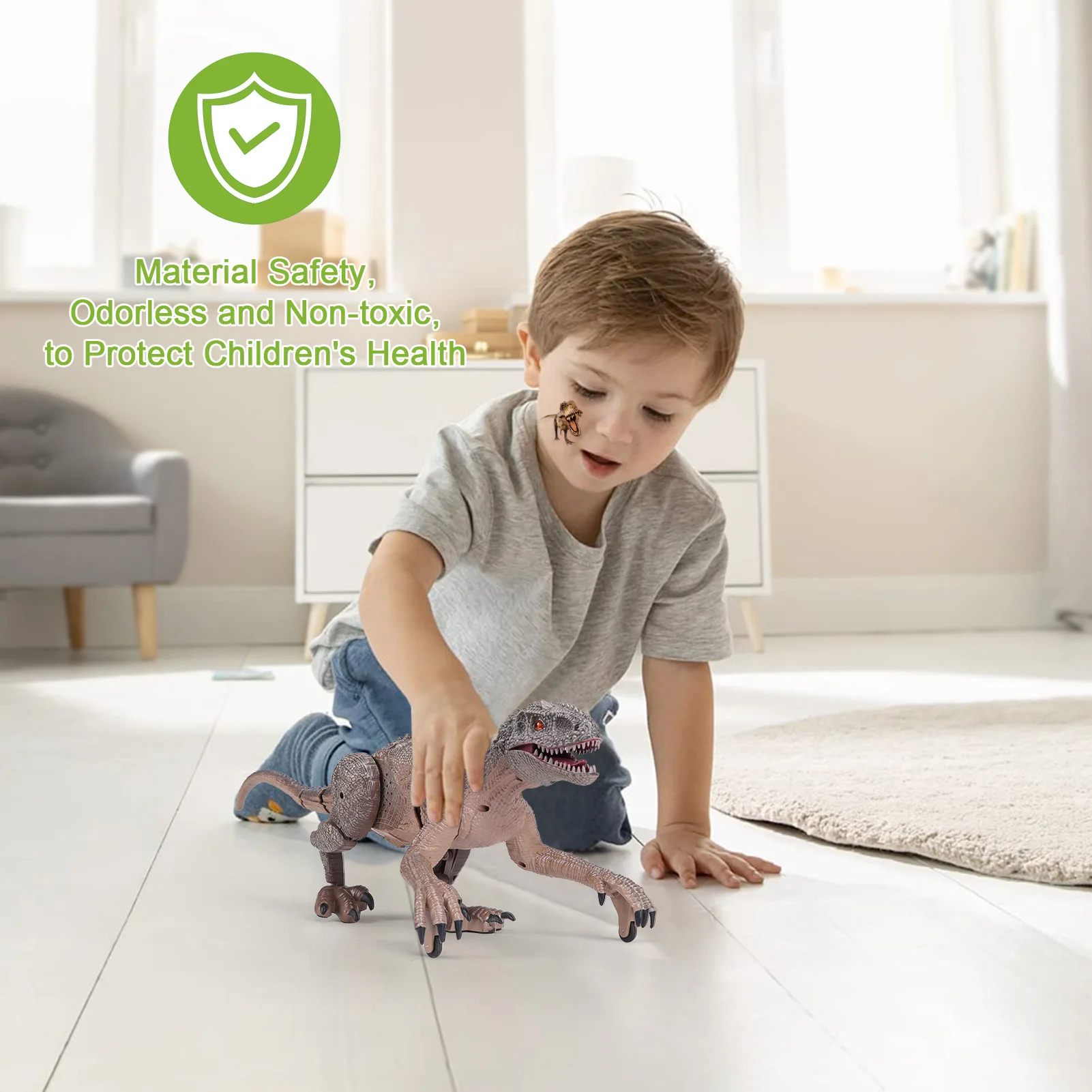 RC Dinosaur, Remote Control Dinosaur, Jurassic Velociraptor Toys with 50 Sheets Dinosaur Stickers, Walking Sounds Mode 5