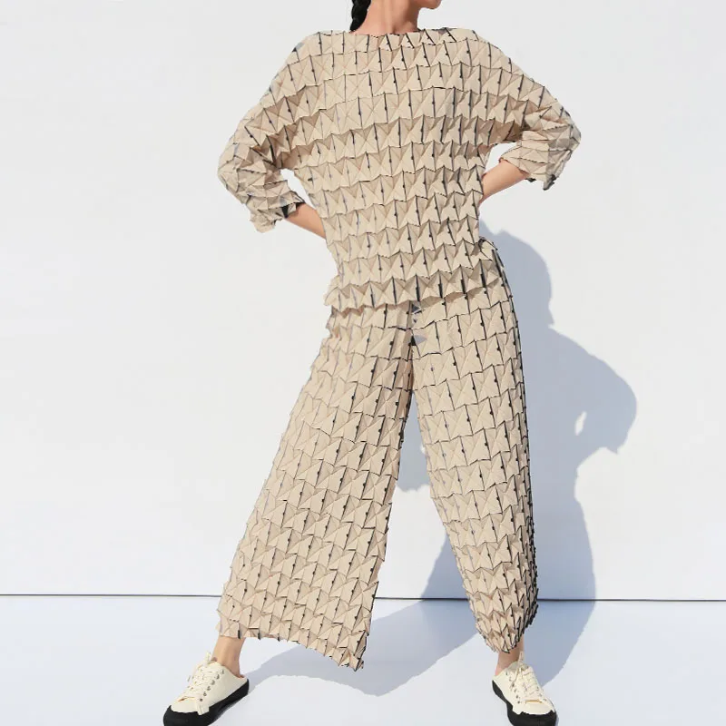 

HOT SELLING Miyake fold fashion word three quarter slash neck T-shirts + Wide leg pants two-piece suit IN STOCK