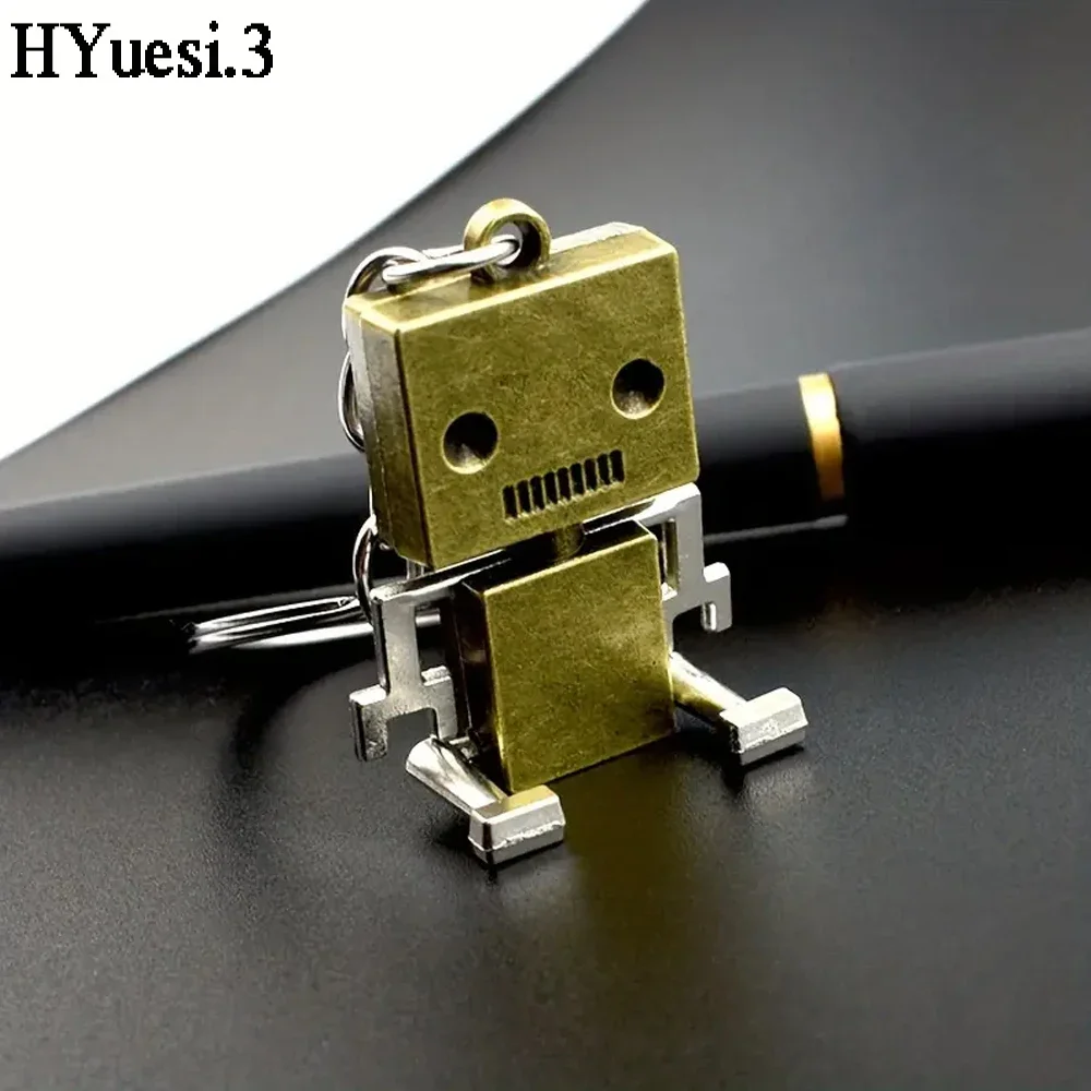 3D Movable Joint Mini Robot Keychain Punk Style Bronze Color Box Shaped People Metal Waist Hanging Key Ring Backpack Decration