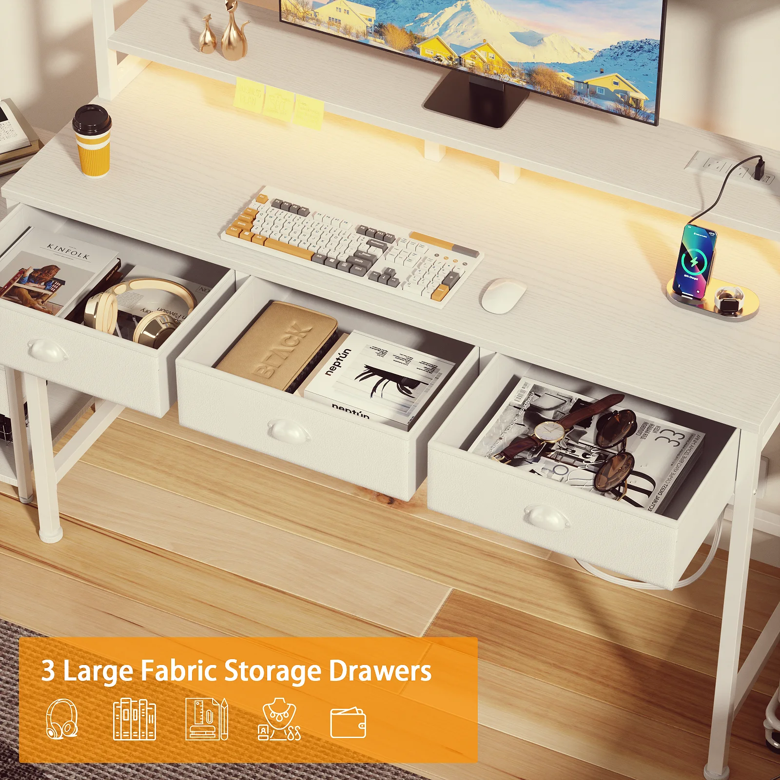 Satifur Computer Desk With Power Outlets & Led Light, 47 Inch Home Office Desk With 3 Drawers And Storage Shelves, Writing 5