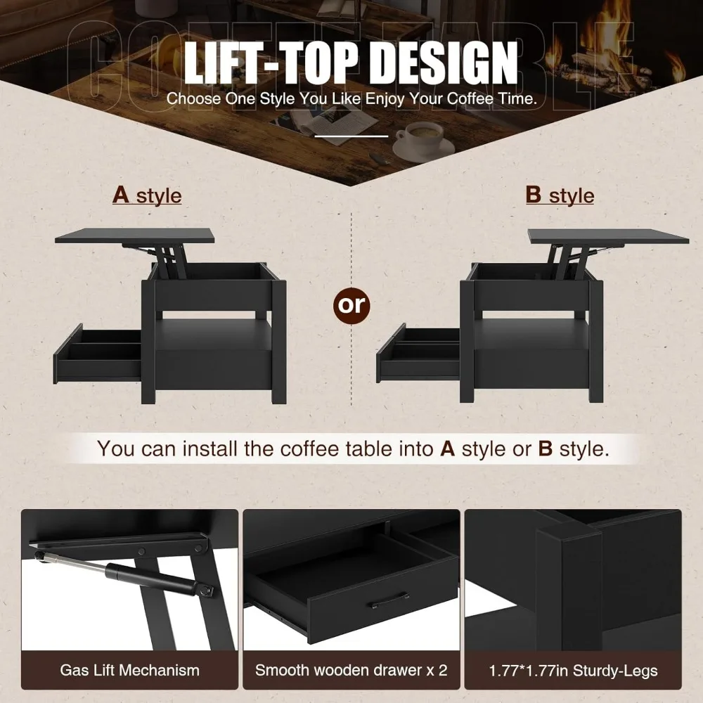 Coffee Table, Lift Top Coffee Table with Drawers and Hidden Compartment, Retro Central Table with Wooden Lift Tabletop 6