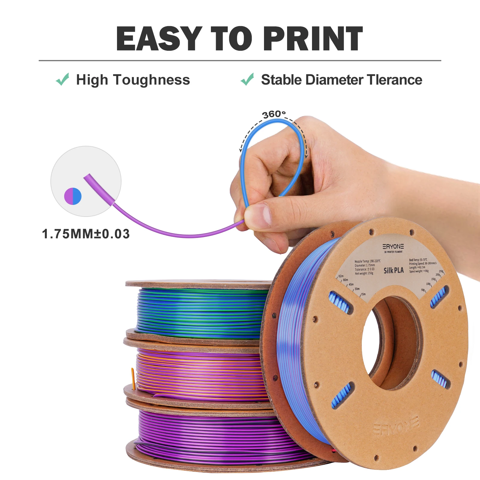 ERYONE 200g Silk PLA Filament Silk 1.75mm High Quality No Bubble