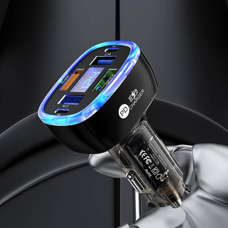 UYUXIO USB C 차량용 휴대폰 충전기, 삼성 아이폰 16, 15 프로 맥스, 원플러스용 초고속 충전 어댑터, 전압 디스플레이 포함, 6 인 1