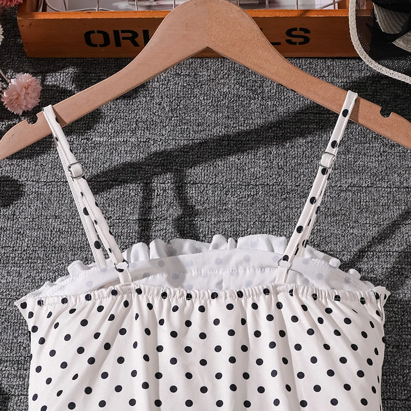 Mädchenkleid mit Punktemuster für 8-12 Jahre, Vordere Spaghettiträger, Mehrlagiger Rüschensaum/Hinten Einfarbiges Punktemuster, Bequemes Alltagskleid für Kinder – Detail 8