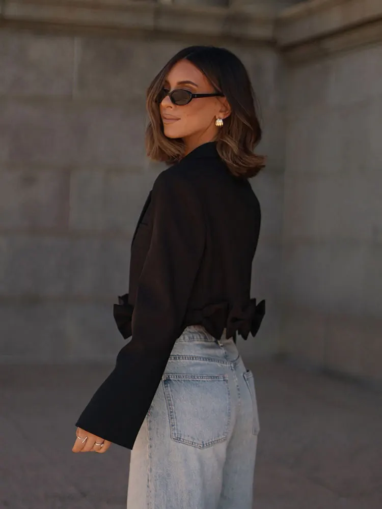 HH Spring Fashion Women Short Coats Turn-Down Collar Long Sleeves Bow Decorate Female High Street Slim Black Blazers Top