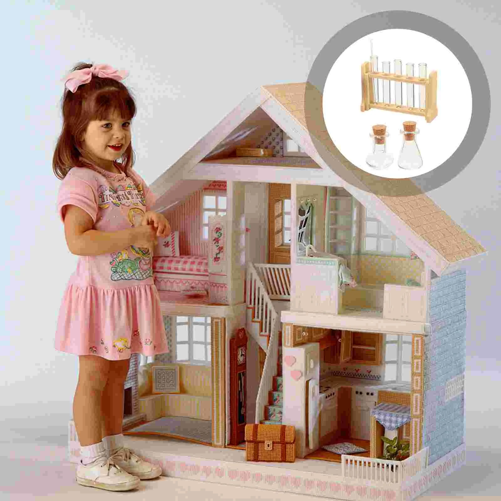 

Набор миниатюрных стеклянных пробирок для кукольного домика, экспериментная игрушка для террариума, набор для научного обучения, стойки, модели, реквизит для фотолаборатории