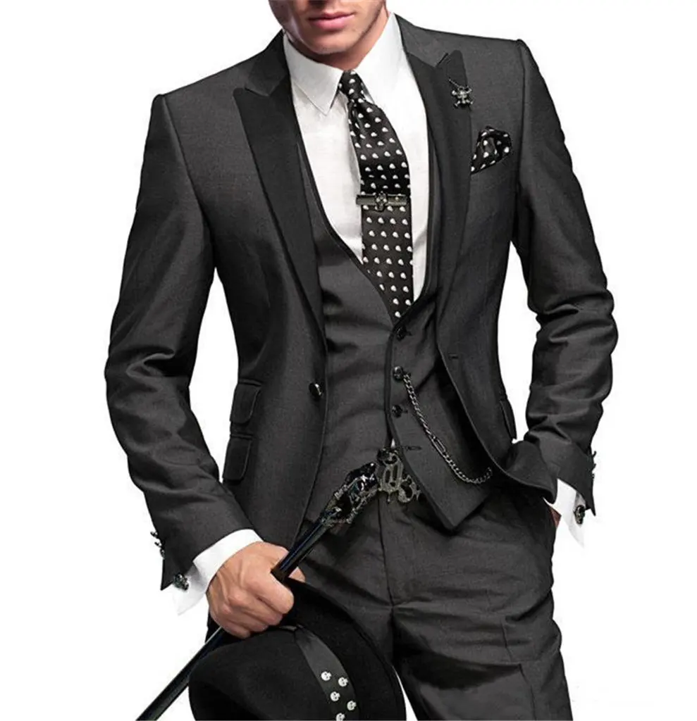Solid Wedding Men's Suit Slim Fit Peak Lapel Formal Business Groom Tuxedos 3-Piece Jacket +Vest+Pants for Party Prom 3