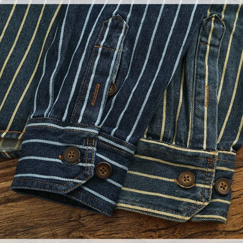 Heavy vertical stripe cargo denim shirt Men do old washed cotton elbow stick cloth lapel long sleeve shirt jacket denim shirt,long sleeved shirt