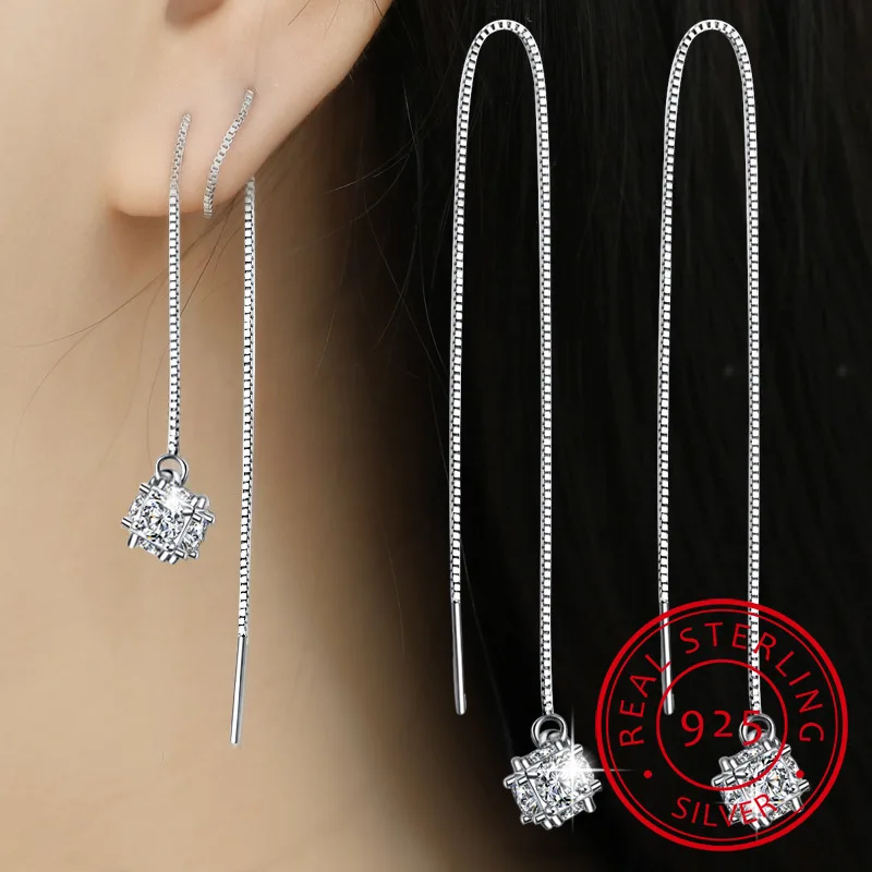 2315762-befe5e.jpg S4334e02bc53345db87bd95b7db104084s Korean Crystal Square Cube Long Tassel Exquisite 925 stamp silver color Jewelry Female Temperament Dangle Earrings Mallzona