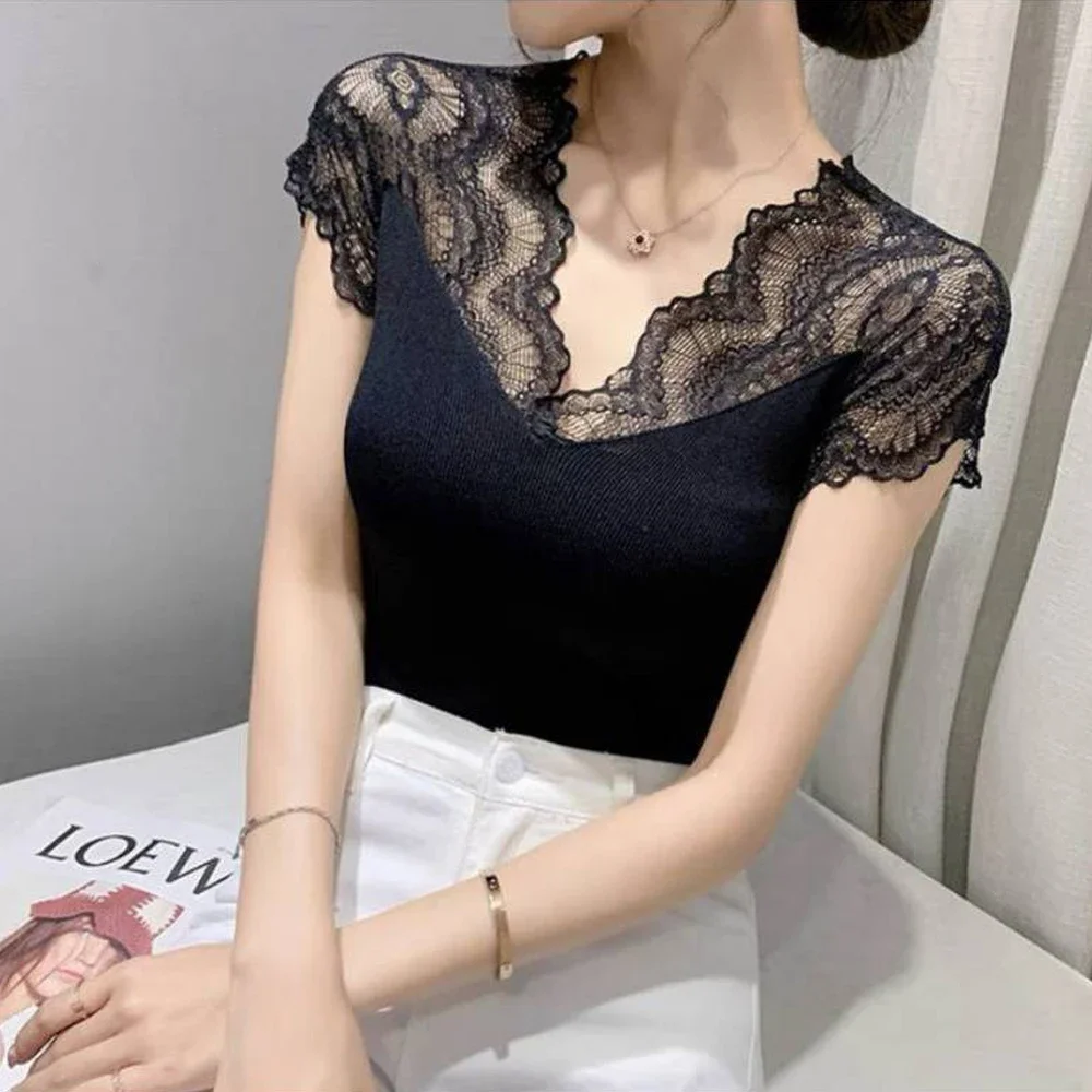 

Women Floral Lace Collar T Shirt Blouse Short Sleeve Tops S-3XL Panel Knitting Elastic Shirt Office Ladies Blouses Black White
