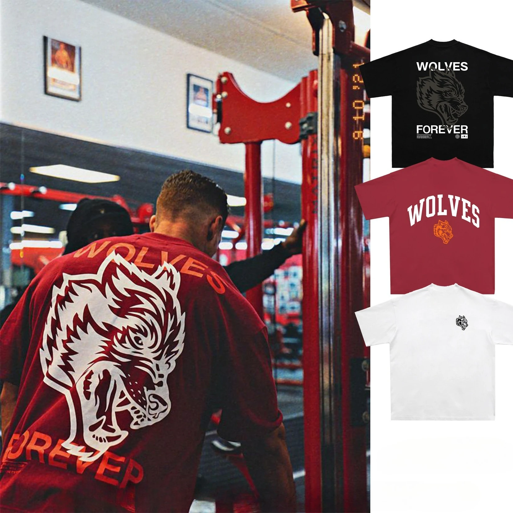 Neues GYM Flammenförmiges Wolfskopf-T-Shirt, Kurzarm, Baumwolle, Schweres Schulterdesign, Fitness- und Gewichtheber-T-Shirt für Männer und Frauen, Sommer