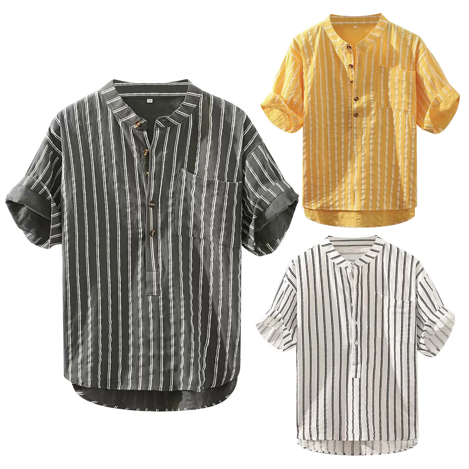 

New Men's Shirt Cotton Linen Striped Shirts Casual Short Sleeve Loose Blouses Breathable Plus Size Male Shirts Camisa Masculina