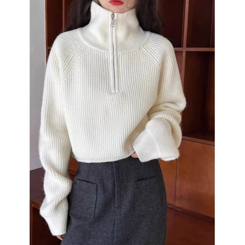 New Fashion Semi-turtleneck Zipper Red Knitted Sweater Women's New High-waisted Sweater Loose Casual Top