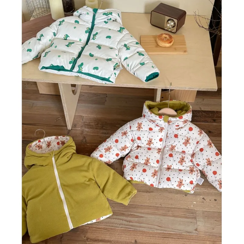 Double Sided Children's Rabbit & Crocodile Printed Puffer Coats Hooded Toddler Winter Outerwear for Boys Girls