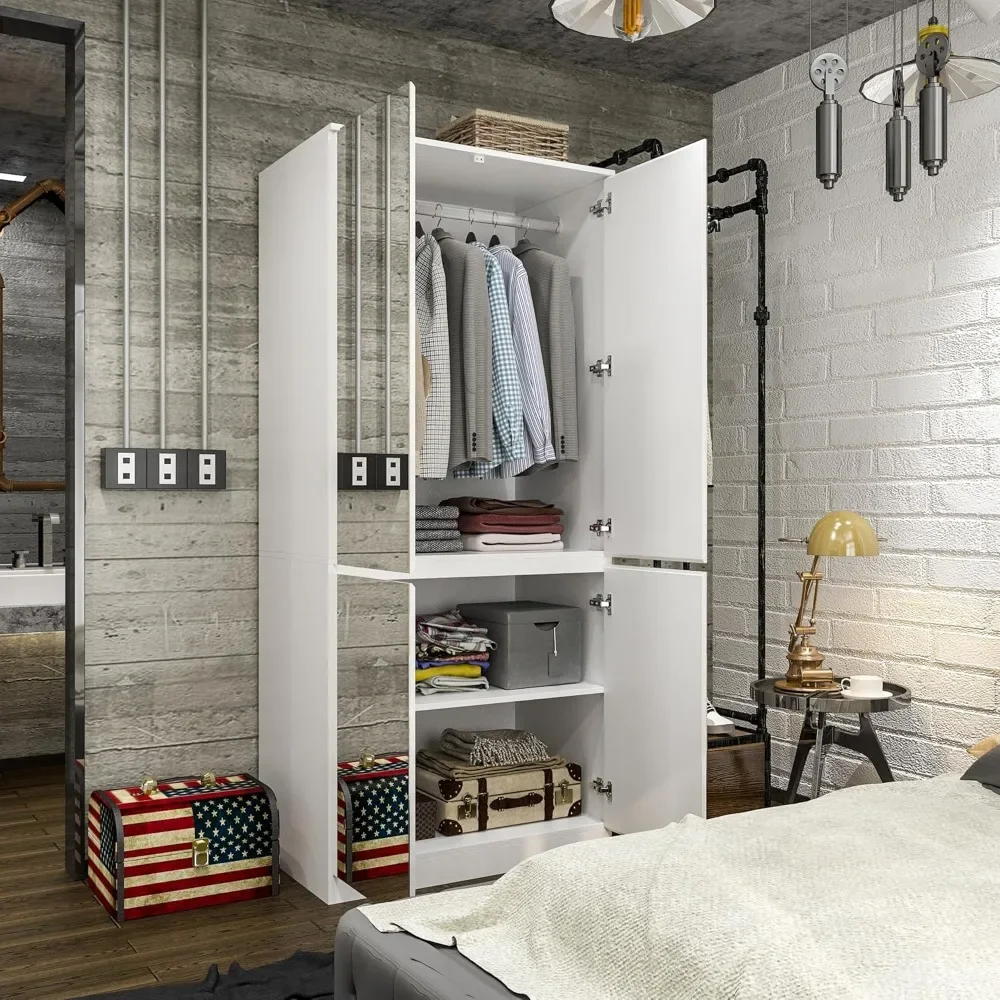 Wardrobe Closet with 4 Glass Full Length Mirror Doors & Hanging Rod Bedroom,White 31.5" W x 19.7" D x 70.9" H Wood Wardrobe 3