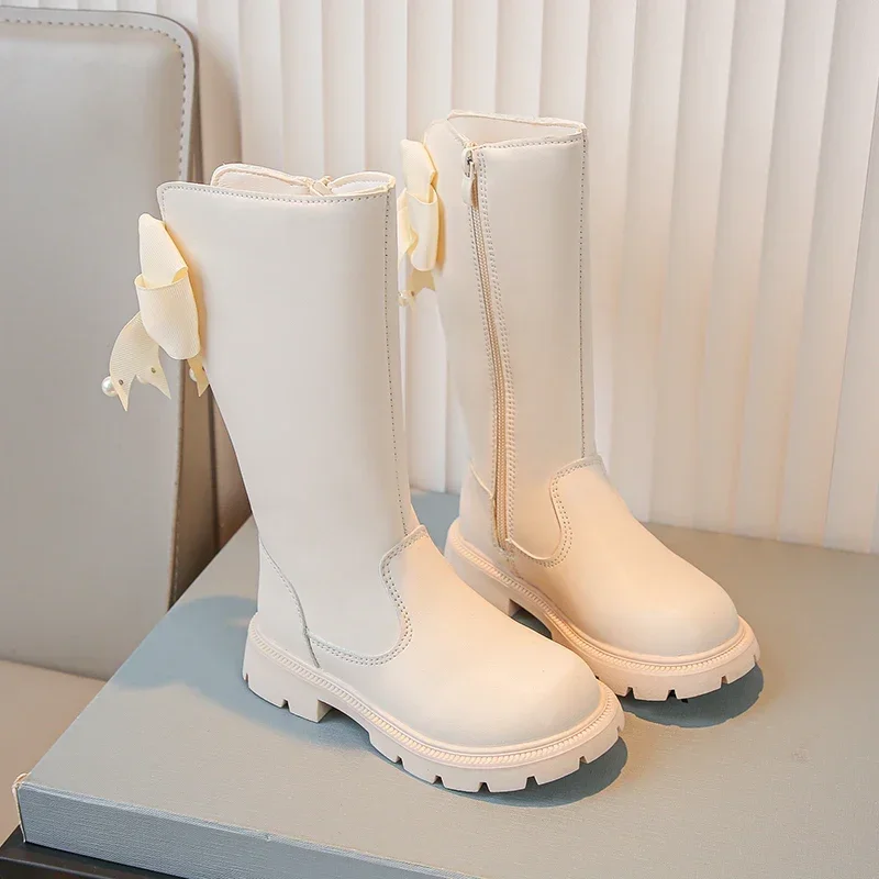 Girls Leather Boots Chic Bowtie Causal Long Boots