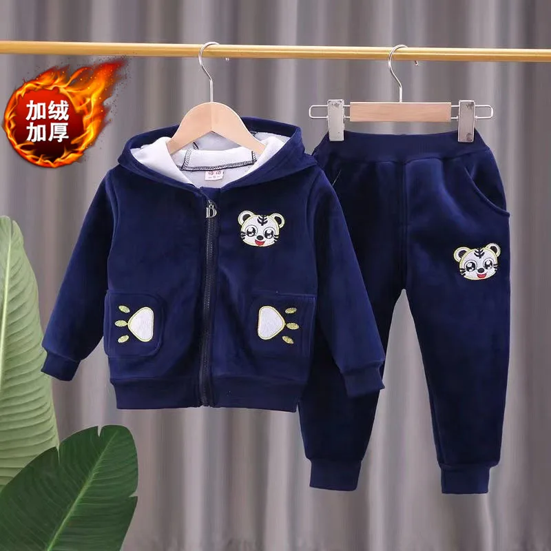 

Kids Thickened Set Autumn Winter Children Warm Plus Velvet Suit Baby Cotton Long Sleeve Coat And Casual Pants 2Pcs Costume 1-4Y