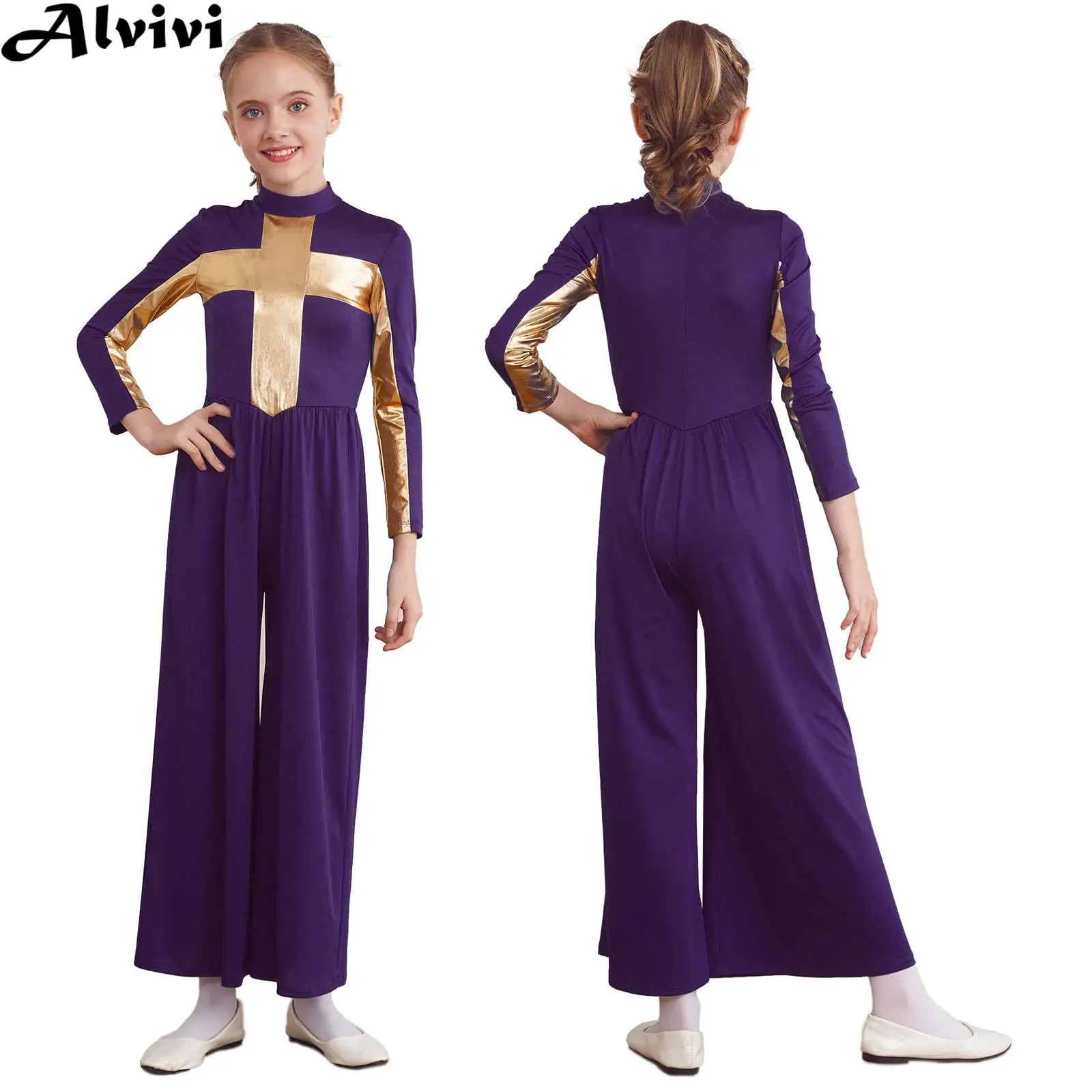 

Teen Girls Long Sleeve Liturgical Worship Jumpsuit Church Choir Bodysuit Praise Lyrical Dance Performance Costume Dancewear