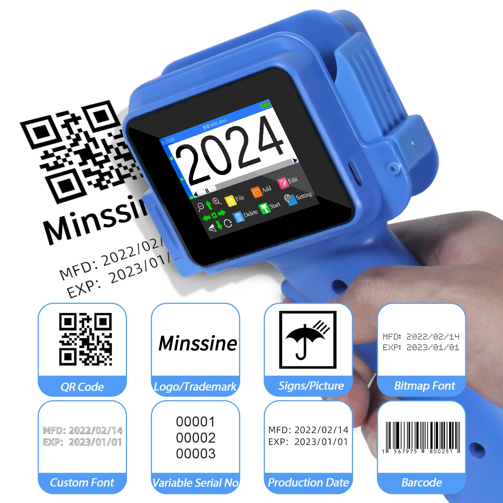 QR 바코드 배치 날짜 번호 로고 만료 날짜 코딩 기계용 미니 핸드헬드 잉크젯 프린터, 비 암호화 휴대용, 12.7mm, 신제품