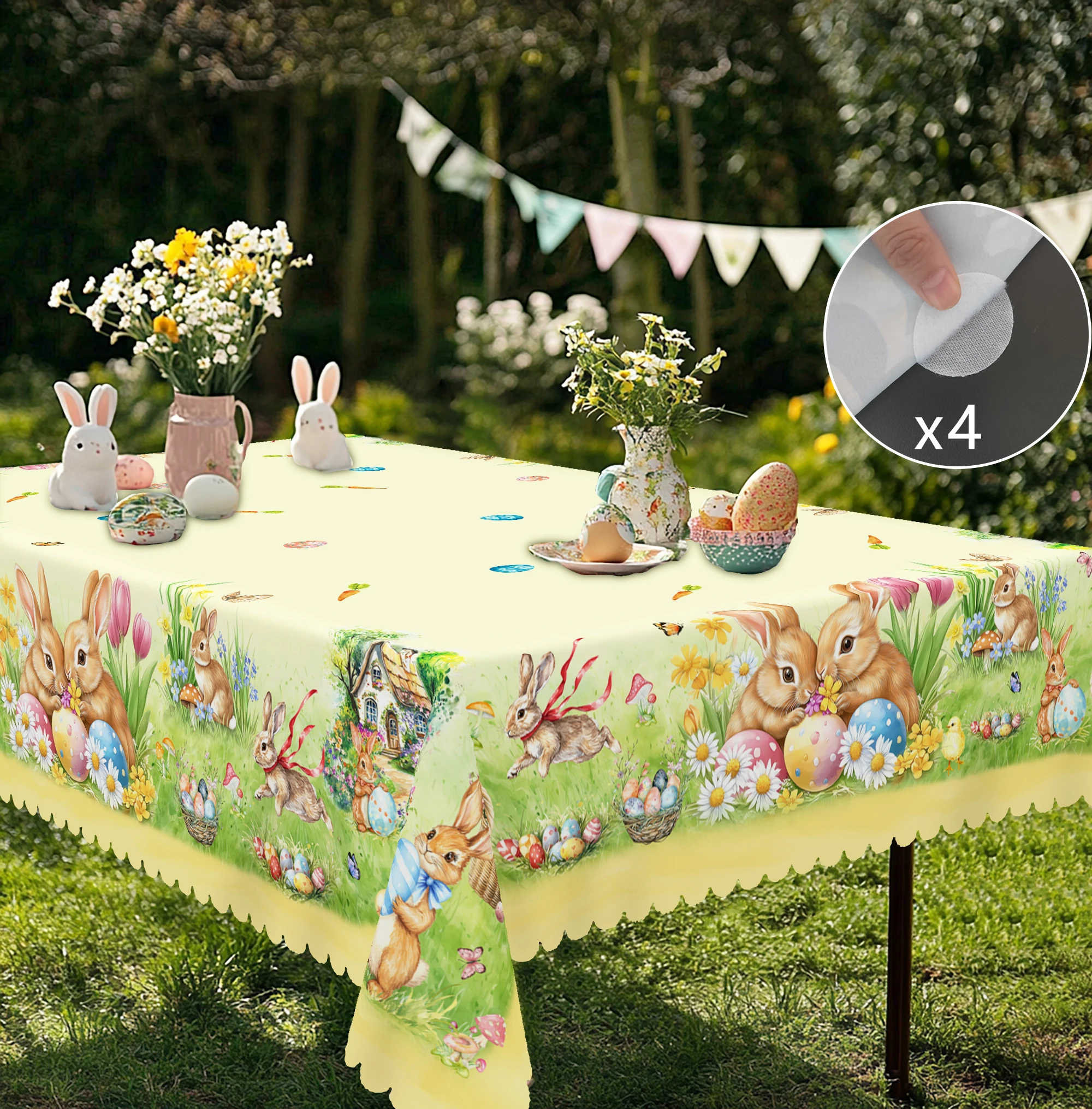 1 Easter Round Tablecloth, 5 Sizes Available, Tulip Easter Bunny Egg Garden Printed Square Tablecloth, Edge Embossing Process, Spring Garden Tablecloth Decoration, Tablecloth for Daily Home Kitchen, Terrace Use, Easter Decoration 3