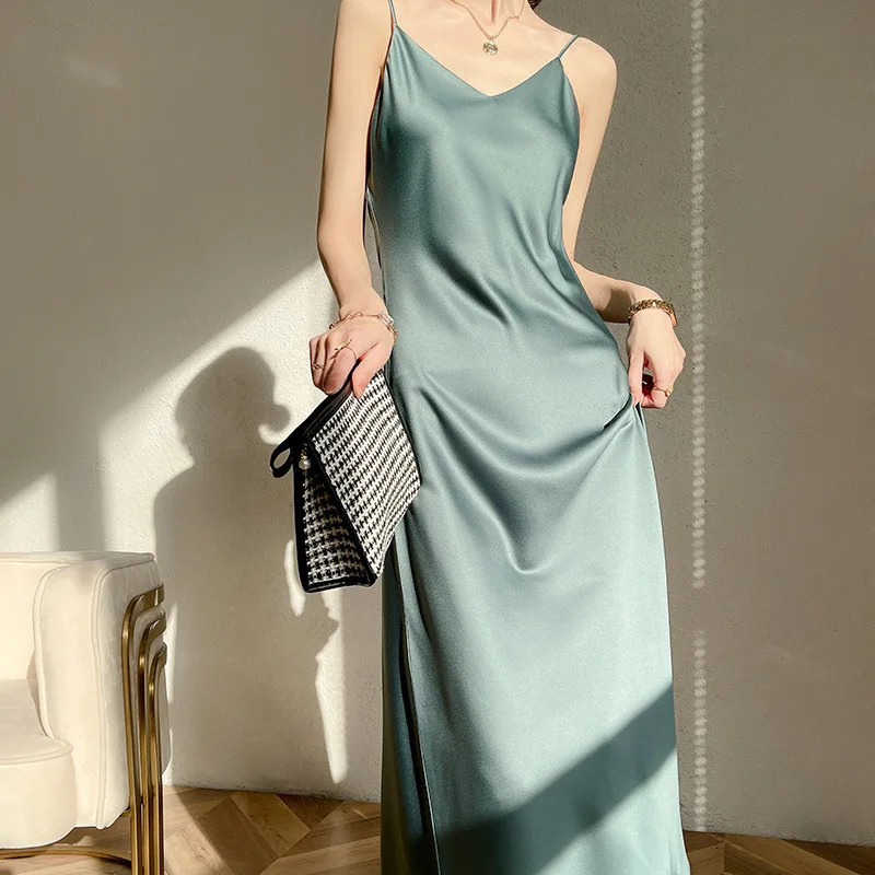 Vintage Satin Women's Dress Slips Summer Spaghetti Strap Long Party Maxi Dresses