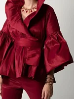 Puff Long Sleeve Ruffles Blouse Office Lady Solid Color Women Wrap Shirts Lapel Collar Elegant Shirt Woman Fashion Female 2024 - Image 3