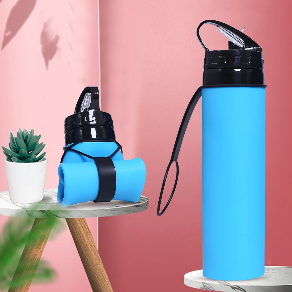 Borraccia pieghevole in silicone da 600 ml con clip, bottiglia d'acqua da viaggio senza BPA, arrotolabile, doppia bottiglia d'acqua a prova di perdite per yoga, campeggio all'aperto (blu