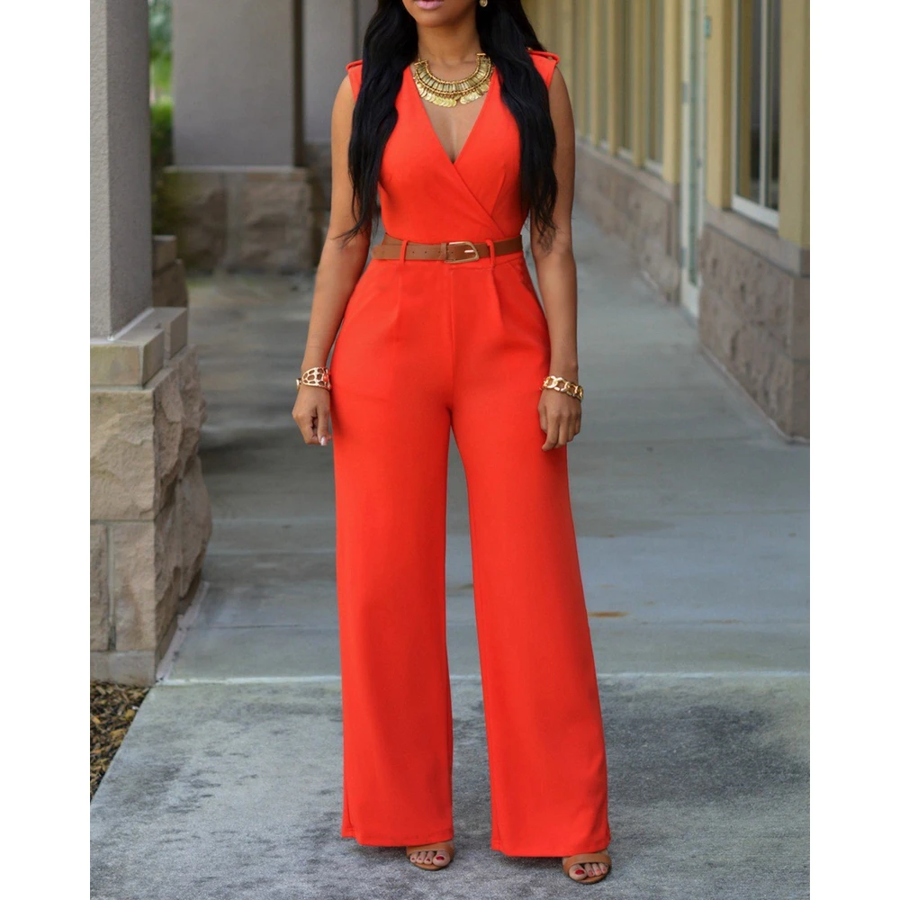 Summer Women Sleeveless Plunge Wide Leg Jumpsuit V Neck Overalls Causal Female One-pieces Office Lady Outfits Elegant Workwear