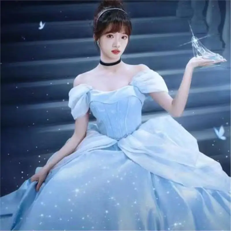 Blue Fairy T Princ Evening Gown with Bubble Sves Sparkling Long Ball Dr for Women Ele Lady's Par Dr