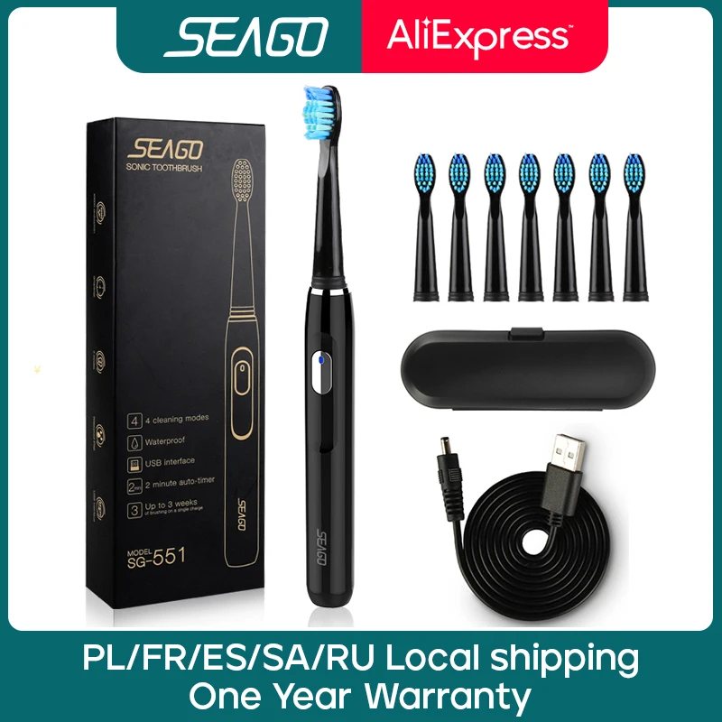 Spazzolino Elettrico Ricaricabile Seago Sonic Con 3 Testine Di Ricambio Timer 2 Minuti E 4 Modalità Di Spazzolatura Sg551 Impermeabile